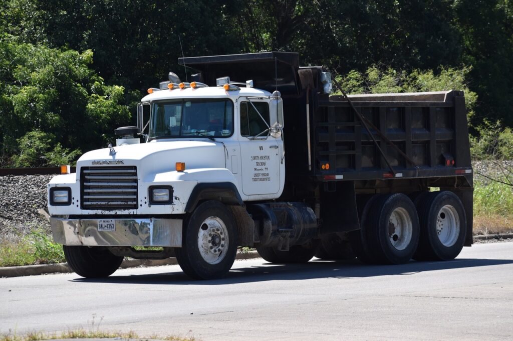 dump truck, truck, road